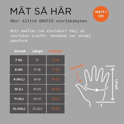 Mätguide för Myr Outdoors varma vantar utomhus skinnhandskar med storlekar och mått